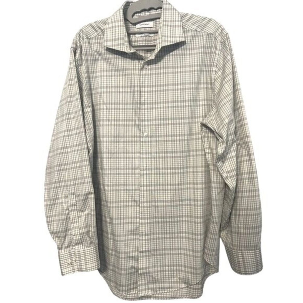 Calvin Klein Mens Lg LS Slim‎ Fit Non-Iron Dress 16.5 32/33 Plaid Gray White